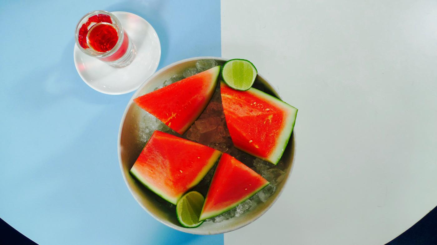 Da Maria watermelon served over fresh ice with Campari